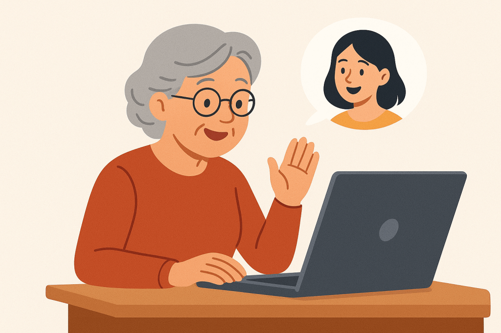 Grandmother using computer happily